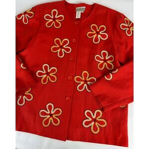 VTG Coldwater Creek Medium Orange Linen Blend Floral Embroidered Beaded Jacket